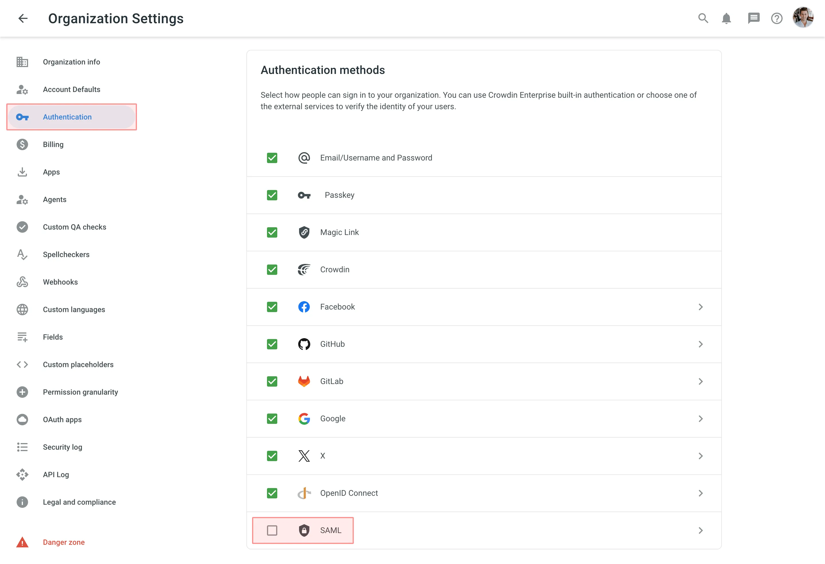 SAML authentication method